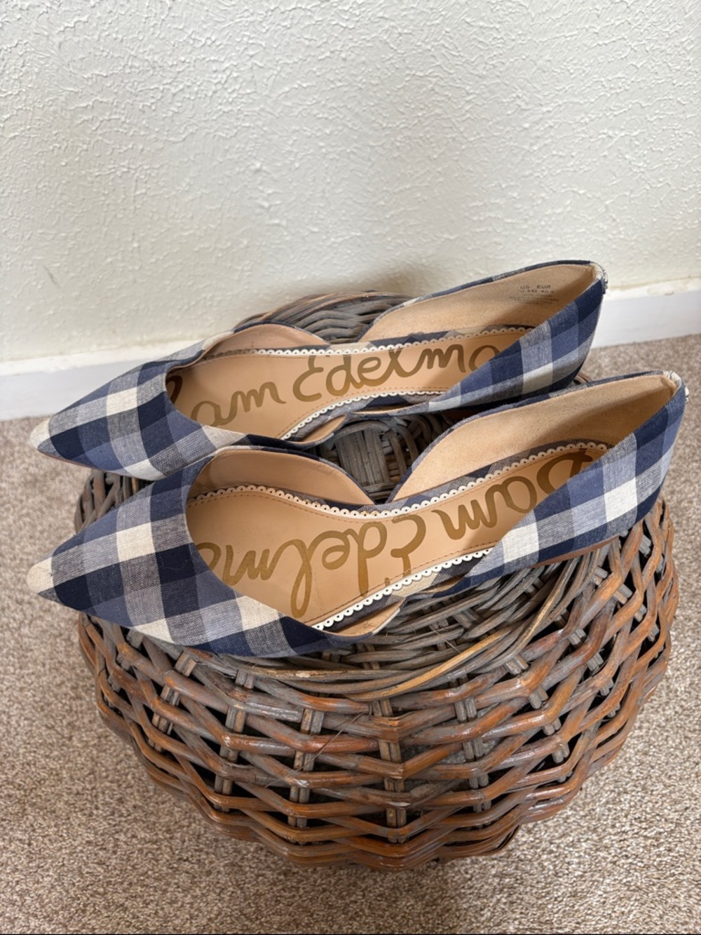SAM EDELMAN Navy and White Gingham Pointed-Toe Flats